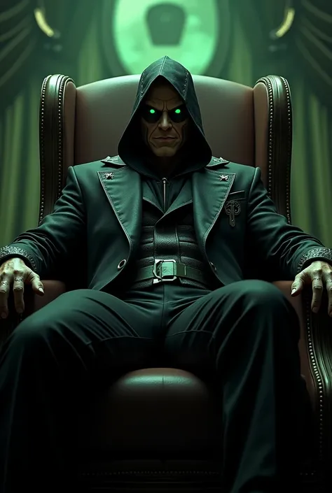 Dr.doom seting in chair with green eyes and black suit 