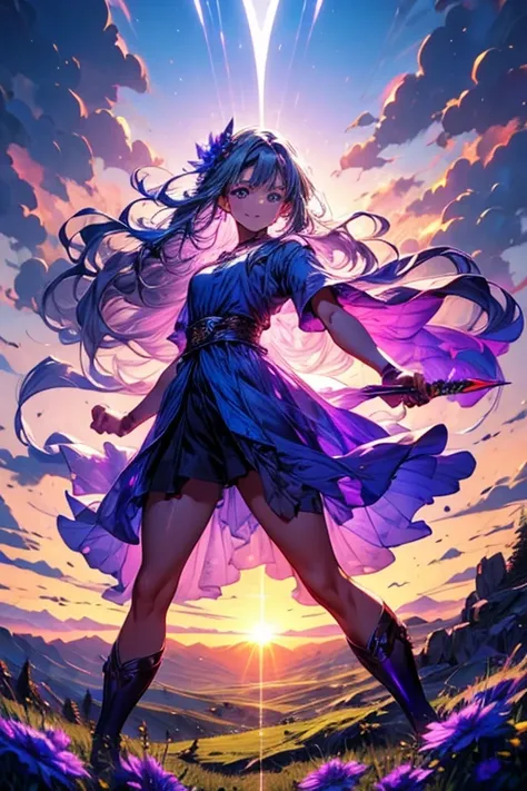 Inflammation, Blue aura, Green Aura, Purple aura, Maximum Sharpener, Highest quality, Very detailed, masterpiece, Fantasy World, sunset, gradient sky, Mountain, Wide grassland, Beautiful views, 1 girl, young, Milt Model, Long Hair, Gray Hair, Floating Hair...