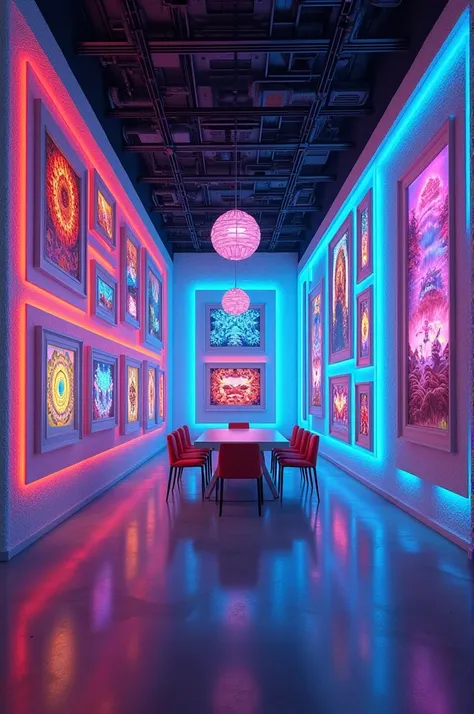 5. Create a mind-blowing room with RGB light on the background also add some art frames on the wall ultra high quality 8k with 3D arts on the wall