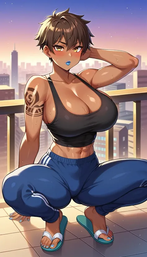 1girl, shiny skin, speedlines, perfect face, intricate details, score_9, score_8_up, score_7_up, rating_explicit, source_anime, Colored, Tomboy, Dark-skinned female, messy short hair, shiny brown hair, golden eyes, heavy blush, massive breasts, Hourglass f...