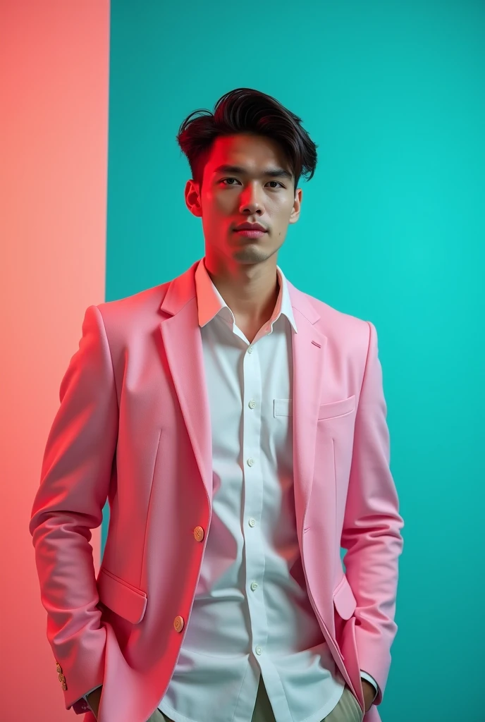 A young man with dark stylish hair and a confident look. He is dressed in a pink blazer over a white shirt. The man is positioned against aqua colour backdrop with a subtle red lighting on the left side. and he posing for instagram profile