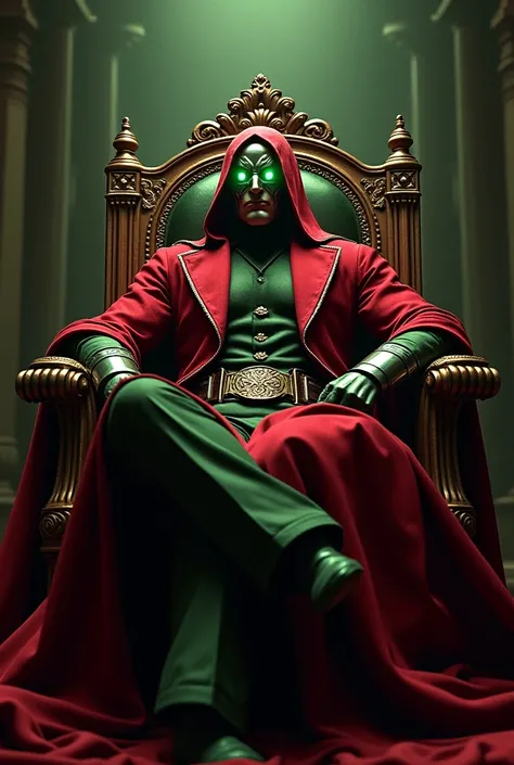 Dr.doom seting in chair with green eyes and red suit