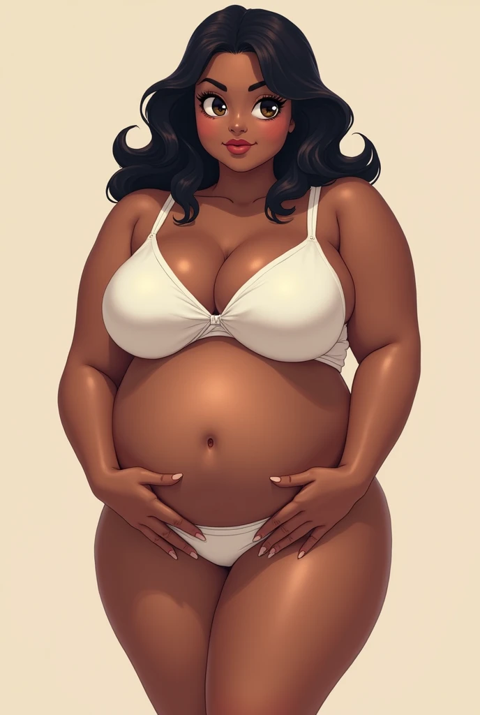 Anime style girl with a plump belly, dark skin, crop top, panties and a c-section scar