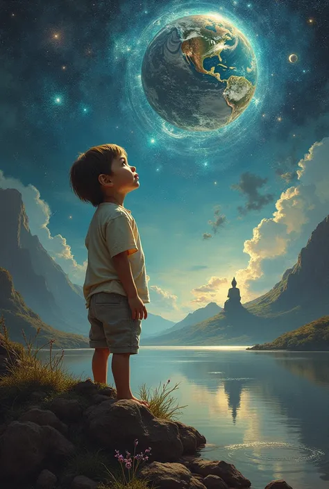 a child is looking to a paranoid multiverse from earth and buddha  is looking at him  from starry universe 