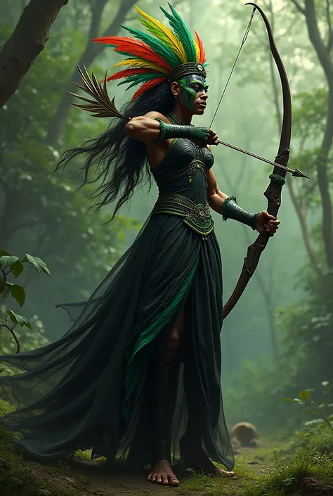 Orixá Oxossi in black but with green clothing details shooting arrows , with colorful feathers on its head 