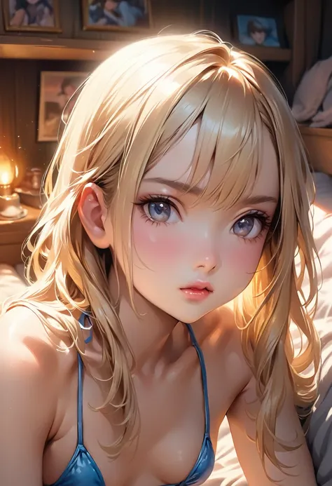 Close up portrait, stunning realistic detail, Cute young woman in her cozy room, photo realistic lighting, (((mini swimsuit))), (blonde), (American), (((teen))), ((Anime illustration)) ((Incarnate detail)) ((Masterpiece)) ((Highest quality))