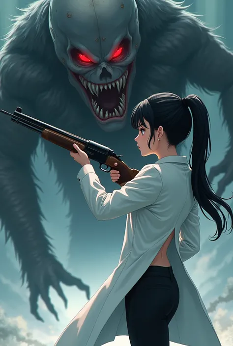 (ponytail forehead hair pulled back:1.3) (black hair:1.3), a woman in a white labcoat and black pants holding shotgun, staring at insanely creepy monster with, anime style, from girls frontline, fine details. girls frontline, girls frontline universe, girl...