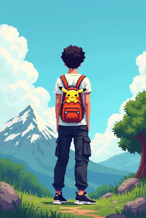 YouTube channel banner,theme pixelated blue sky with clouds,and a guy with curly hair,black cargo pants,white t shirt with a ganger Pokemon backpack.angle is the character in middle photo taken from back side and about 8feet away,more back and a little hig...