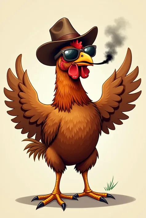 A brown chicken wearing a sunglasses and brown cowboy hat while drinking black juice and one wing is wide open cartoon only. Neck portrait 