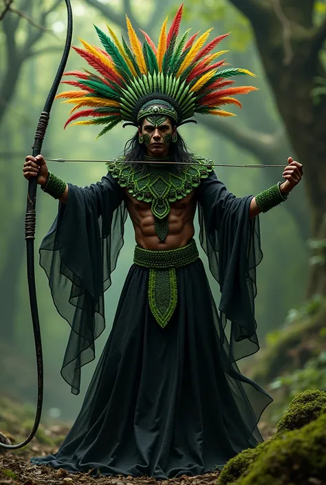 Orixá Oxossi in black but with green clothing details shooting arrows , with colorful feathers on its head 