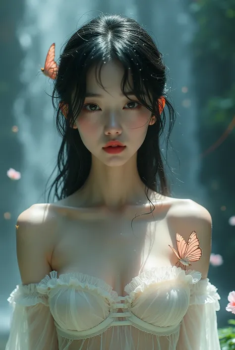 (((Full body image of a woman))),(Model shooting style), (shy), 1 girl, Lonely, Shiny black hair、 Extremely rich facial detail, Beautiful Eyes, cute, Slightly red cheeks，bright,  Eyes, Stunning beauty, (Rembrandt Lighting), ARRI Lenses, Surreal, (Skin with...