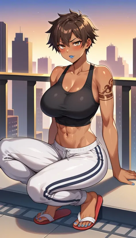 1girl, shiny skin, speedlines, perfect face, intricate details, score_9, score_8_up, score_7_up, rating_explicit, source_anime, Colored, Tomboy, Dark-skinned female, messy short hair, shiny brown hair, golden eyes, heavy blush, massive breasts, Hourglass f...