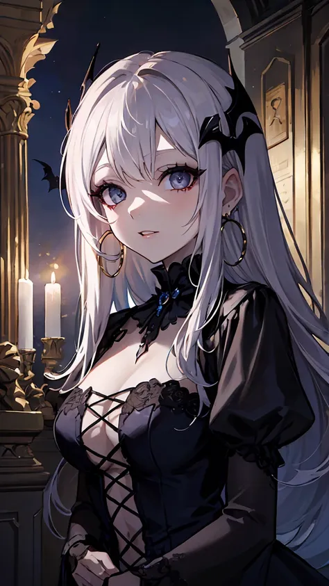 ((masterpiece)), ((best quality)), perfect detailed eyes, perfect detailed face, navy hair, medium hair, forehead jewel, hollow eyes, hoop earrings, makeup, turn pale, white skin, shaded, Baroque, cinematic lighting, high quality, accurate, 8k, Vampire, go...