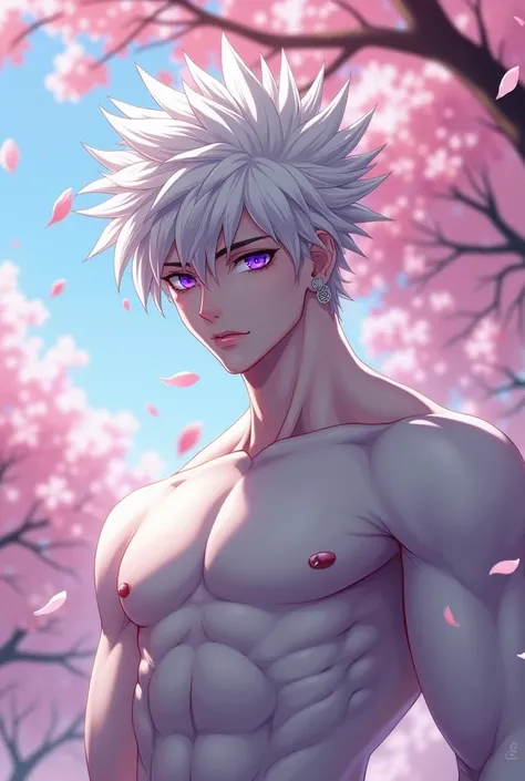 anime character, White hair, spiky hair, Pale skin, purple eyes, Long white eyelashes, male, muscular, white small earrings, big glossy lips, cherry blossom trees, 