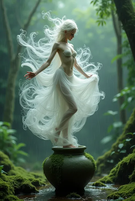 A human like figure made of air dancing on a pot, forest rain background
