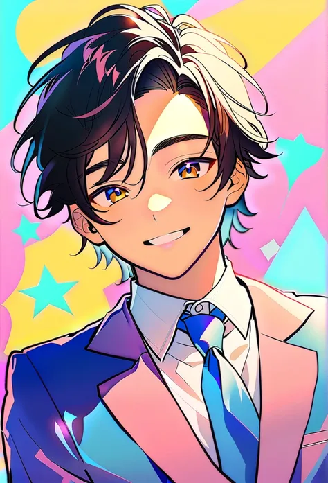 (1handsome boy:1.3), brown eyes, 18years old, black Hair, very Short Hair, smile,blue blazer,Blue tie, high school student, pastel background