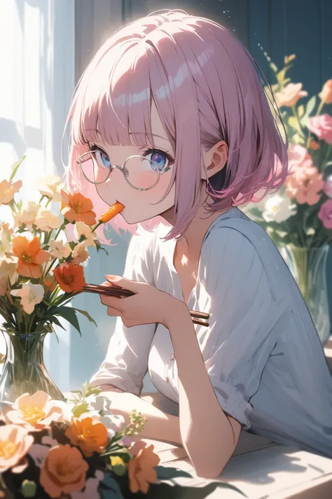 (extremely detailed fine touch:1.3), Vibrant colors, Soft tones, With warm and gentle lighting, girl, solo, (((silver semi-rimless round eyewear:1.3))), short hair, blunt bangs, profile, eating food, sucking fork, pink lips, vase with flowers, 