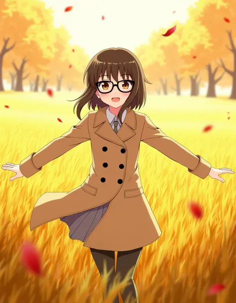 1 anime girl with arms outstretched in a field of tall grass，Wearing black-framed glasses，甜美cute温柔，Wear a trench coat，Maple Leaf Background，maple，autumn，Maple Forest Trail，Warm background，detail，Light，panoramic，whole body，detail满分，by Yang J，cute，Guvitz，Guv...