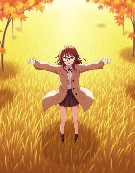 1 anime girl with arms outstretched in a field of tall grass，Wearing black-framed glasses，甜美cute温柔，Wear a trench coat，Maple Leaf Background，maple，autumn，Maple Forest Trail，Warm background，detail，Light，panoramic，whole body，detail满分，by Yang J，cute，Guvitz，Guv...