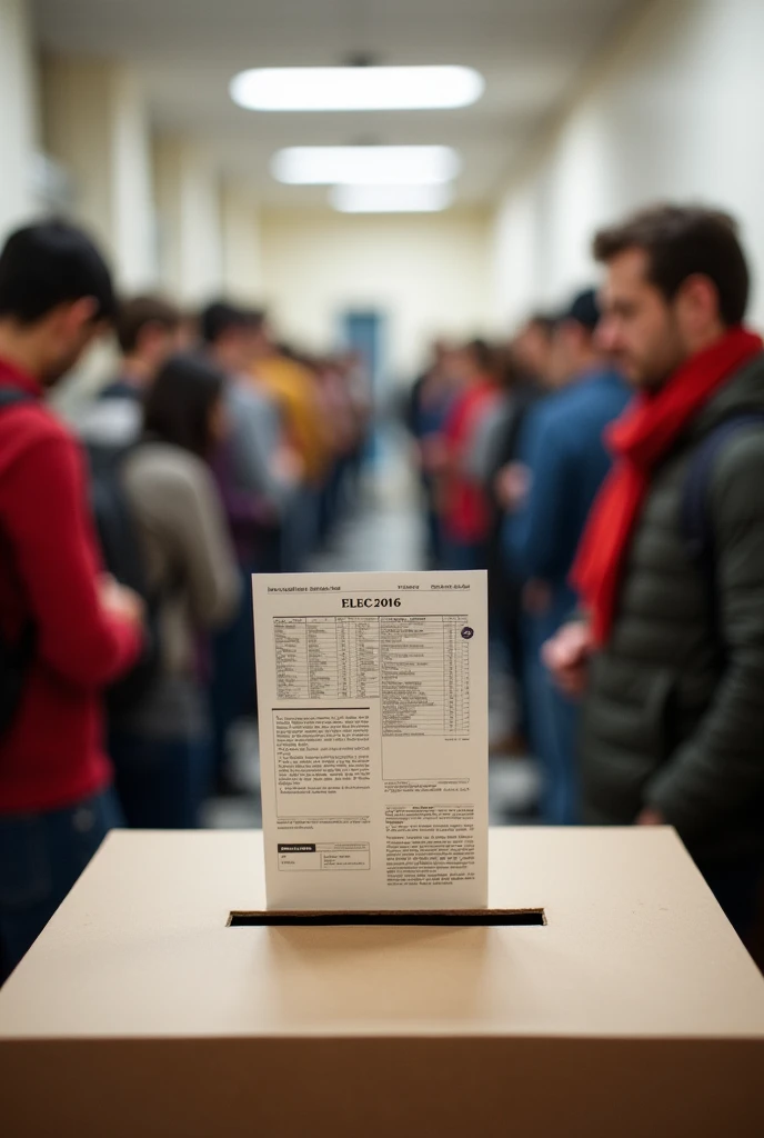 a ballot box with a ballot paper that says "Elections 2019". You can include people lining up to vote.