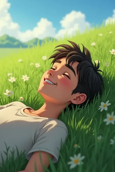 a boy lying in the grass 
and keep naughty  smile 
Boy age 23