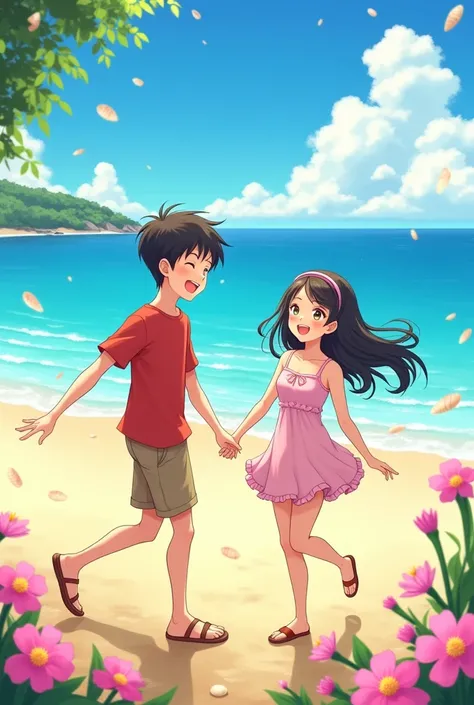 Summer season as an album cover, related to love and a couple of boy and girl in love, playing holding hands on the beach, anime style