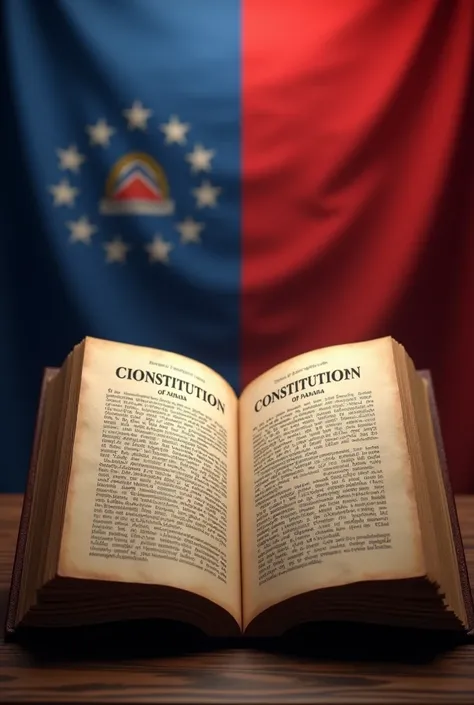 An open book with the label "Constitution of Panama 1972", with a background of a Panamanian flag