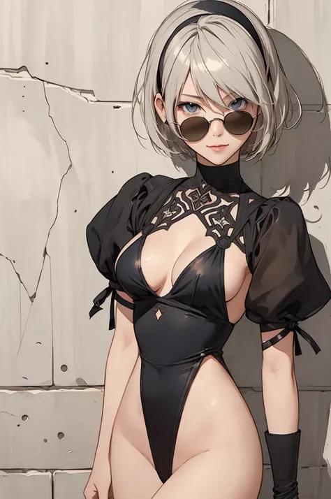 {(masterpiece,best quality, 16K illustration, UHD, extremely detailed the work, detailed beautiful face and eyes and skin and hair)} 
BREAK {erotic face,looking away,enchanting smile,cowboy-shot}
BREAK {solo, (2B of Nier Automa:1.4)), (slender body,small b...