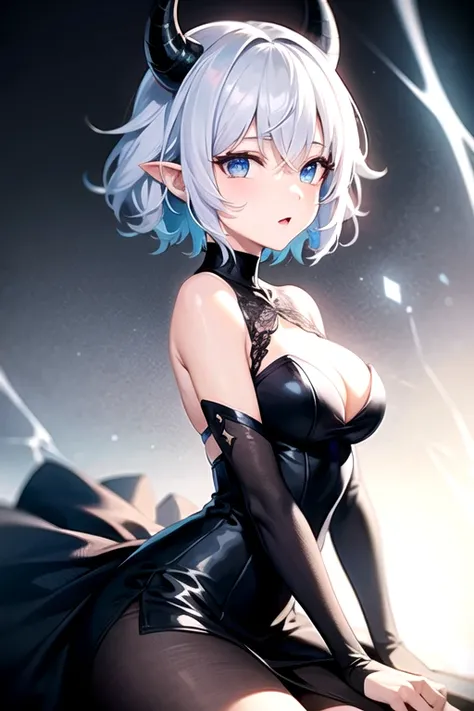 female character,short white hair,blue eyes,black horny, black dress and with powers and black horns 