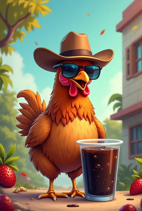 A brown chicken wearing a sunglasses and brown cowboy hat while drinking black juice and  holding Tupperware. Cartoon characters 