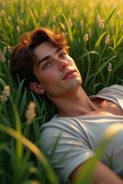 a boy lying in the grass 
and keep naughty  smile 
Boy age 23
Mor romantic