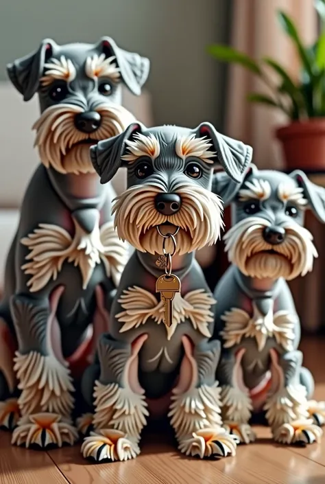 A relatively young Schnauzer breed dog holding a set of apartment keys in its snout, with two other Schnauzer dogs around it., It must be a very tender and advertising image for a real estate rental business.