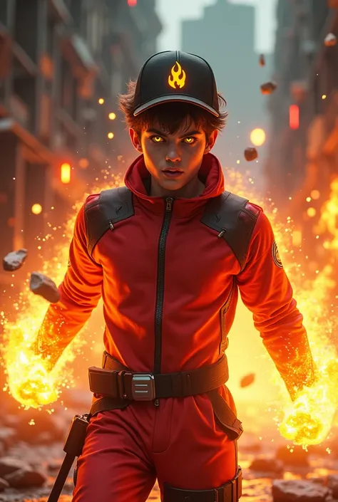 a man real teenage age . 19 Malaysia Indonesia.(orange eyes) Glowing eyes. Anger face. Open mouth. . wearing an (ruby red black ) singlet jumpsuit cyberpunk dress , (ruby red) cap with small logo (flame) logo. anger face . Dramatic.ruby red singlet ,(ruby ...