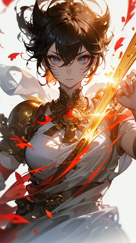 ((masterpiece, best quality)), Epic battlefield atmosphere，Journey to the West，Sun Wukong，Petals falling，A meticulous face，Standing image，Perfect body proportions，Stylish short hair，beautiful eyes，Fantasy style，White background，