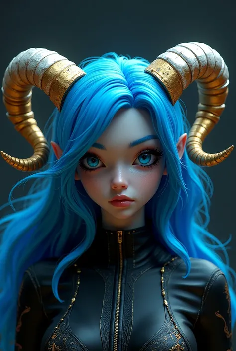 True blue hair , Horns Curved Gold and white , Glithc hacker laurel , All black Roblox avatar