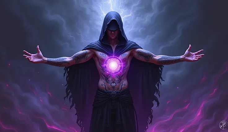 An exquisite dark fantasy painting depicting a mysterious figure revealing forgotten abilities. The figure, adorned with intricate tattoos, has their arms extended, revealing a glowing, mystical symbol. The background is a blend of deep purple and dark blu...