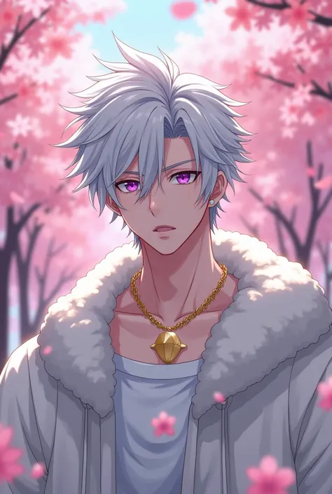 anime character, White hair, spiky hair, Pale skin, purple eyes, Long white eyelashes, male, muscular, white small earrings, big glossy lips, cherry blossom trees, grey eyebrows, white puffy sweater, golden necklace 