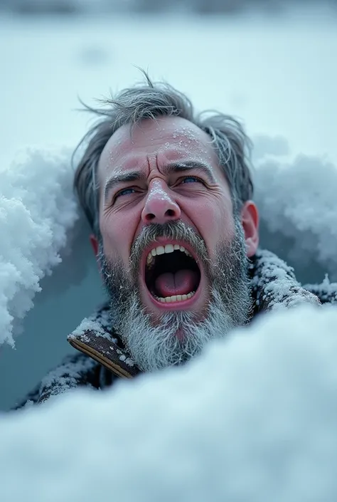 a mans body buried in snow, only head and shoulders are not buried, ugly face, funny face, freezing face, eyes rolled up, opened mouth, hair covered in snow, frozen hair and facial hair, focus on the face