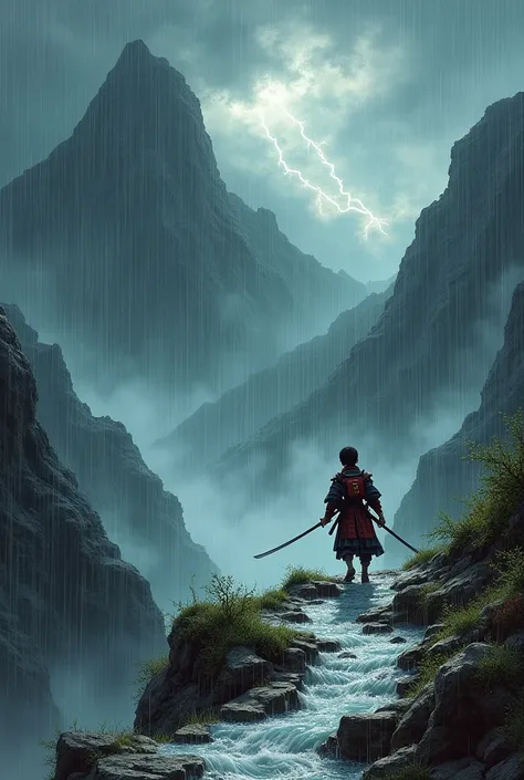 As the little samurai Hiroshi climbed the mountain, a storm started. The rain was heavy and the wind, ferocious.