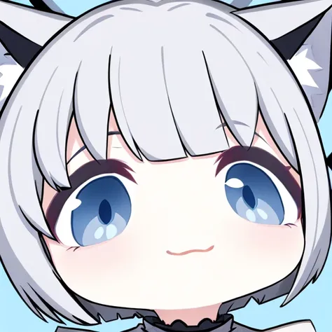 she is a cute girl with white-gray hair.(short hair)gray eyes with a slight blue tint, wearing a maid outfit with cat ears.