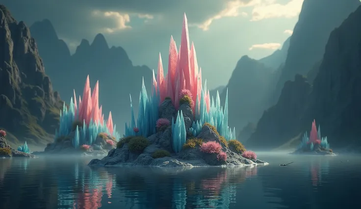 A photo of an underwater mountain range made of blue and pink crystals，In the lower right corner is a small coral reef with plants and rocks，Blue Background，Surreal，Movie Grade，Epic，Stereo lighting，Octane Rendering,