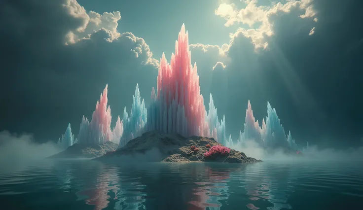 A photo of an underwater mountain range made of blue and pink crystals，In the lower right corner is a small coral reef with plants and rocks，Blue Background，Surreal，Movie Grade，Epic，Stereo lighting，Octane Rendering,