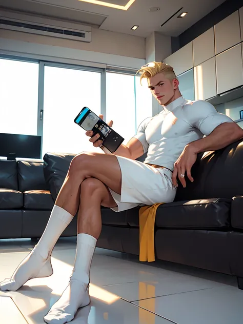 full body view white male fitness blond model blond guy with stylish undercut haircut, chiseled jaw , in white leather shorts, in long white socks , no shoes, golden rings, comfortably sitting on couch, showing off his white socks, watching football match ...