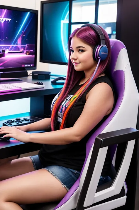 A very curvy young girl with colorful long hair, sitting in gaming chair, wearing headset, sitting at gaming desk