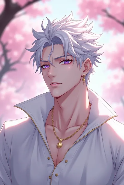 anime character, White hair, spiky hair, Pale skin, purple eyes, Long white eyelashes, male, muscular, white small earrings, big glossy lips, cherry blossom trees, grey eyebrows, white sweater, golden necklace 