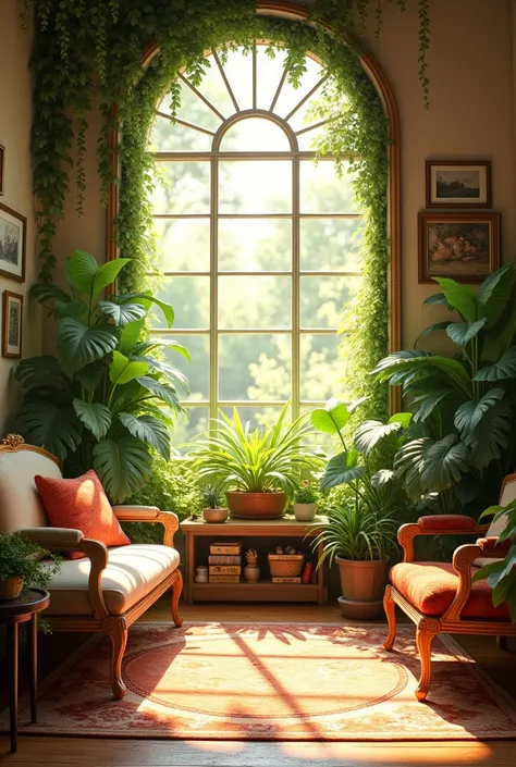 (photorealism:1.2) indoors, soft lighting, plants in background, window with sunlight, cozy room, intricate details, warm colors, by Greg Rutkowski, by Alphonse Mucha