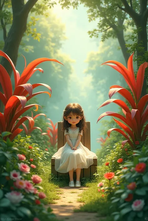 A young girl sitting on wood chair, in nature, beautiful dresses, big red and green plants and flowers, 