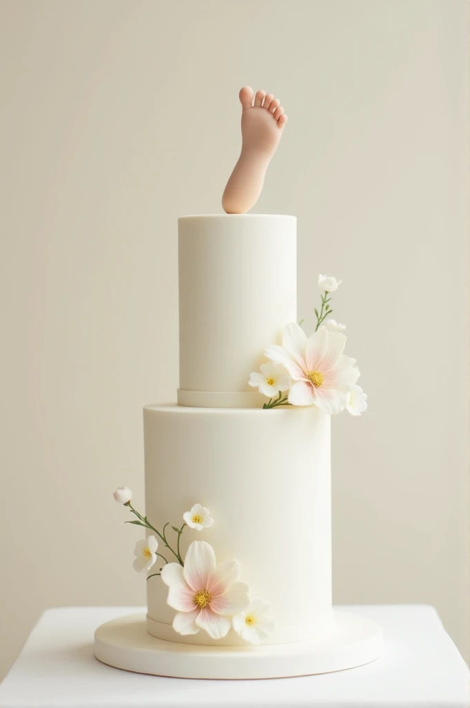 Plain off white cake with one baby foot and flower in below