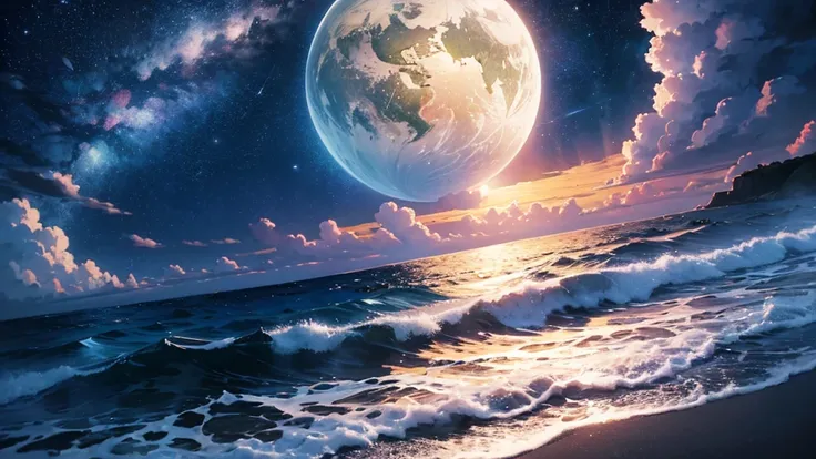 Pale white light,Beautiful sea,((night)),A beautiful planet seen behind,pc wallpaper