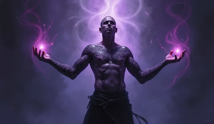 An exquisite dark fantasy painting depicting a mysterious figure revealing forgotten abilities. The figure, adorned with intricate tattoos, has their arms extended, revealing a glowing, mystical symbol. The background is a blend of deep purple and dark blu...